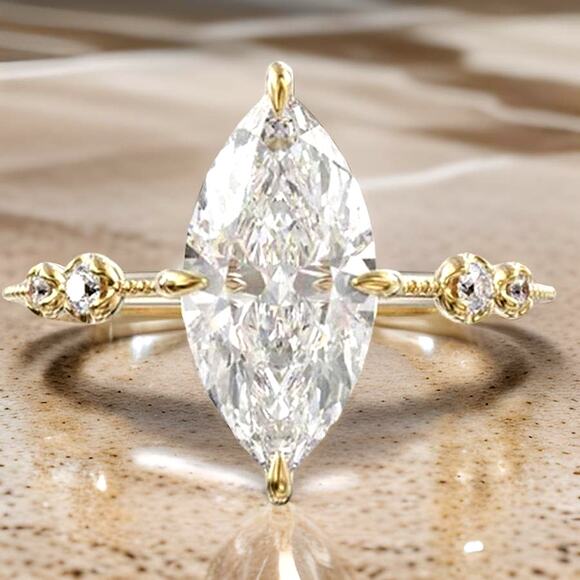 New Size 7 Cubic Zirconia‎ Marquise Solitaire Pronged Gold Ring Cocktail Wedding - Picture 3 of 4